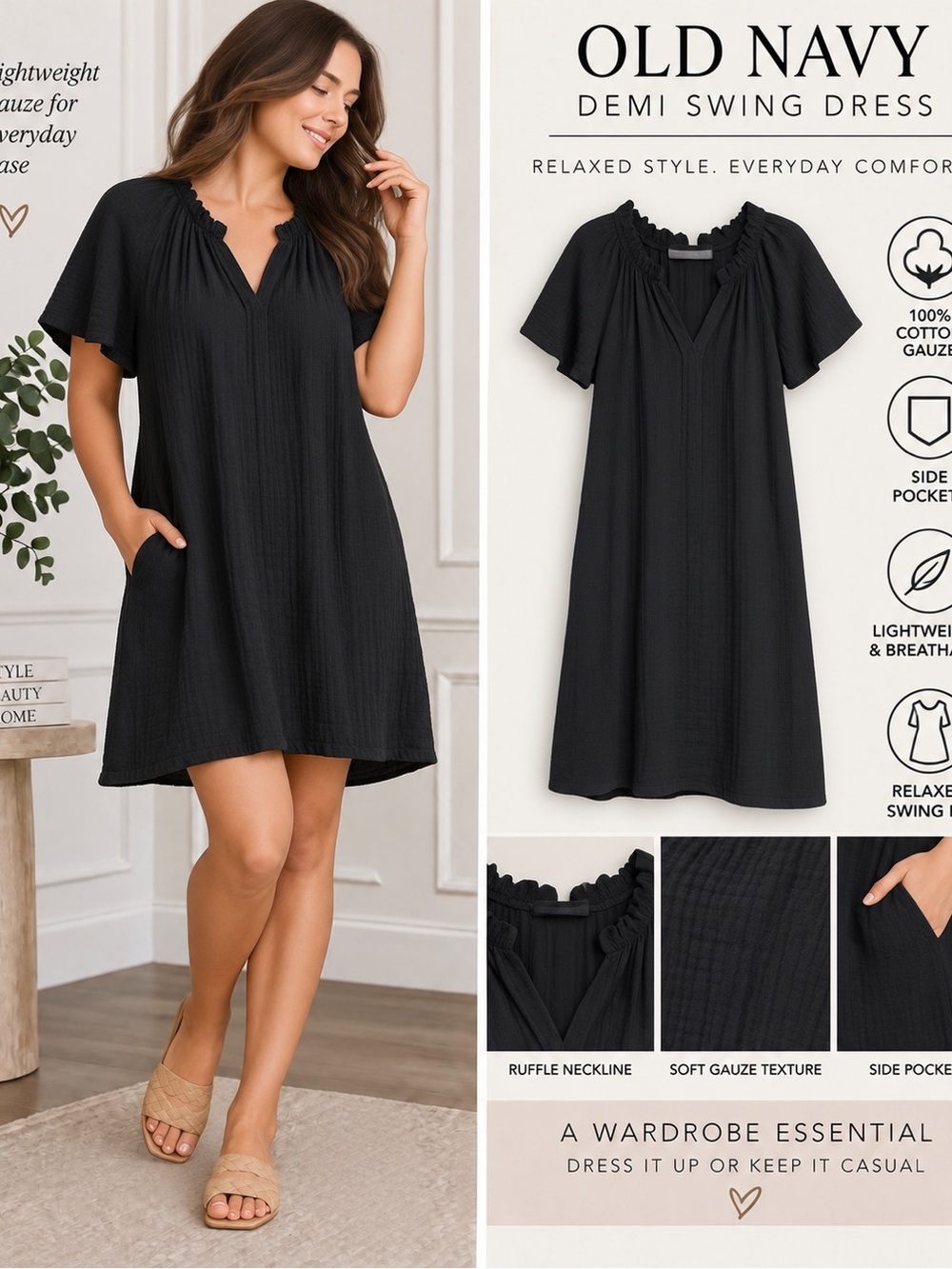 Old Navy Black Cotton Gauze Swing Dress Small S Pockets Ruffle Neck